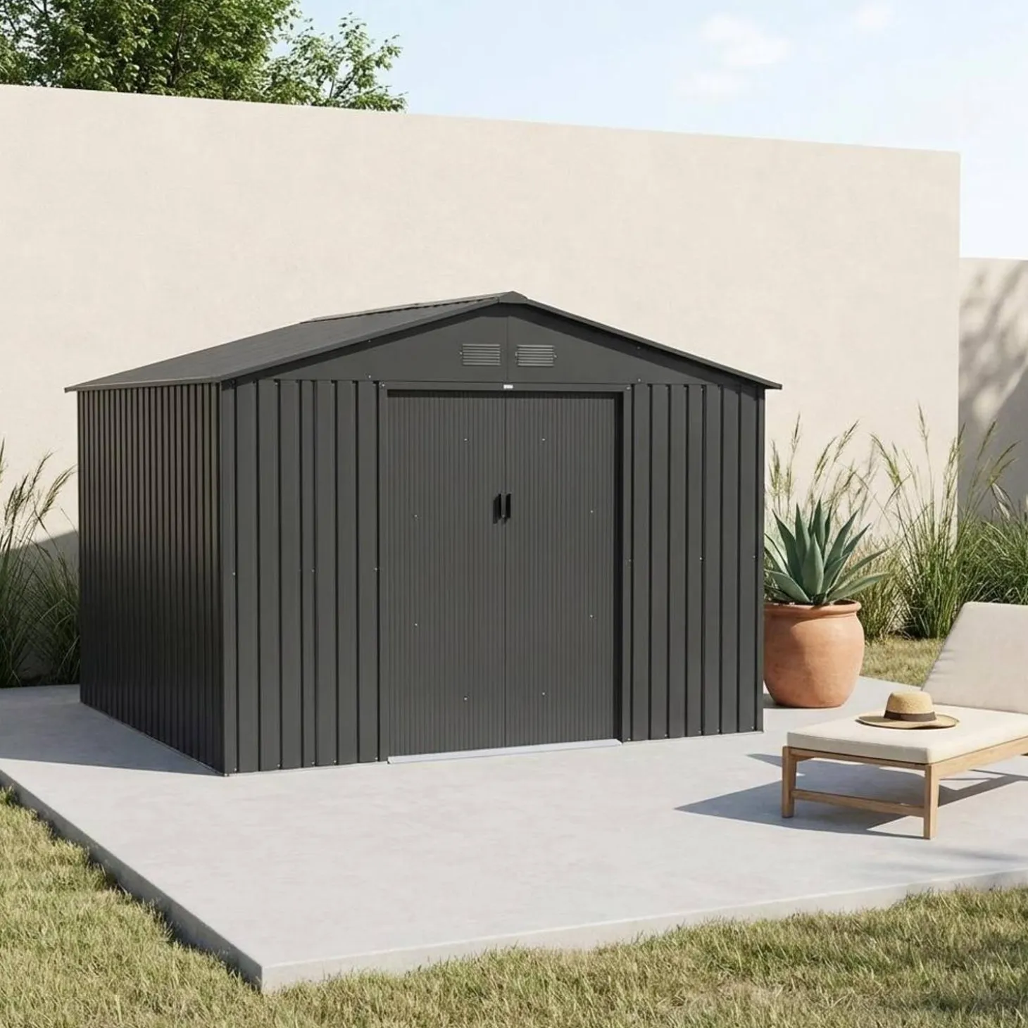 Abrigo de jardim em metal com kit de ancoragem, 10.85m²