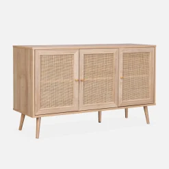Aparador com efeito de madeira e cana de 3 portas, 120 cm