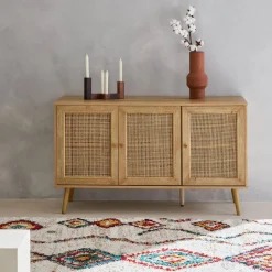Aparador com efeito de madeira e cana de 3 portas, 120 cm