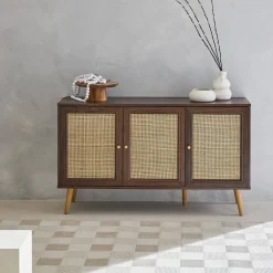 Aparador com efeito de madeira e cana de 3 portas, 120 cm