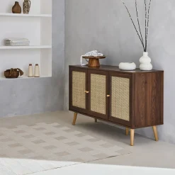 Aparador com efeito de madeira e cana de 3 portas, 120 cm