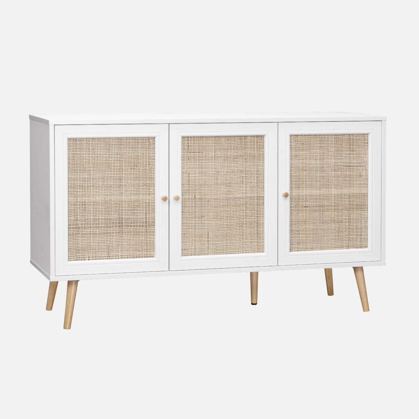 Aparador com efeito de madeira e cana de 3 portas, 120 cm