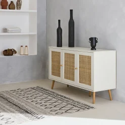Aparador com efeito de madeira e cana de 3 portas, 120 cm