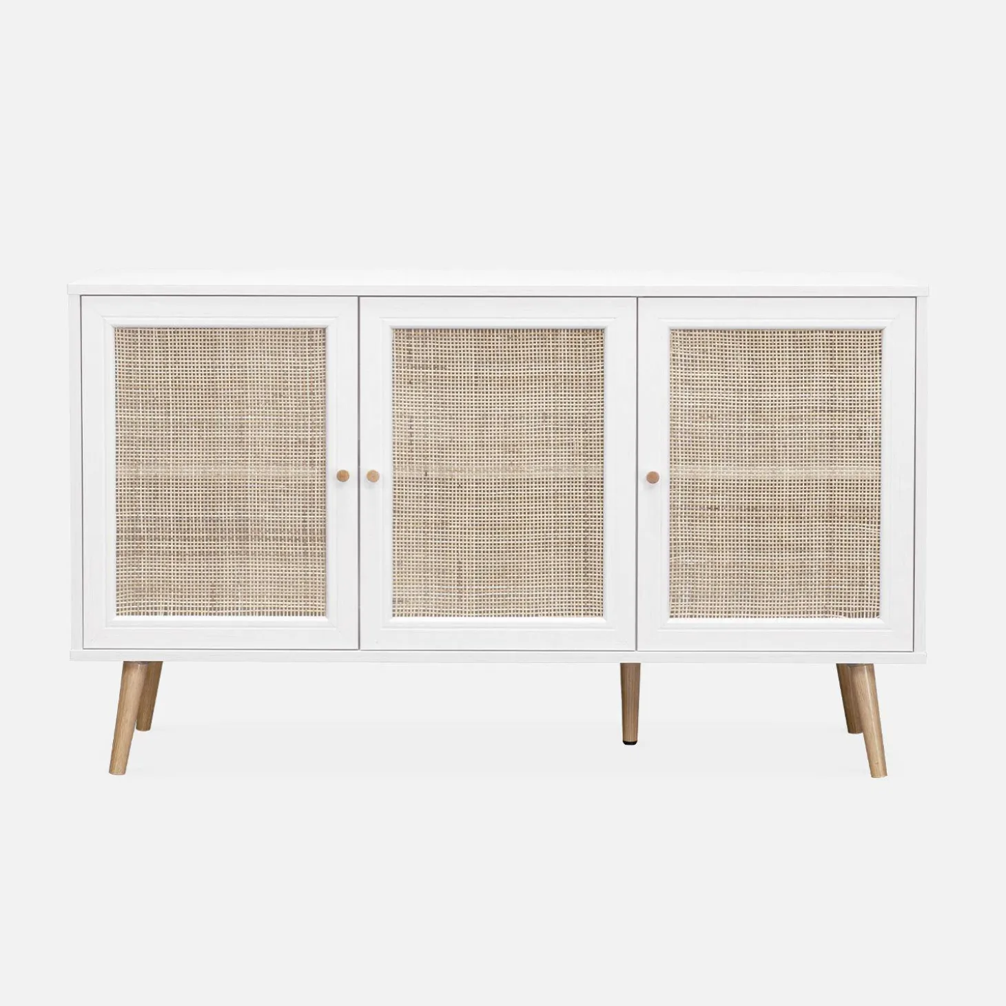 Aparador com efeito de madeira e cana de 3 portas, 120 cm