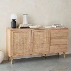 Aparador com efeito de madeira e cana de 2 portas, 150cm