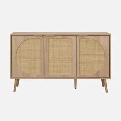 Aparador com efeito em madeira e cana de 3 portas, 120cm