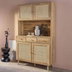 Aparador efeito madeira decorada com 4 portas, 110cm