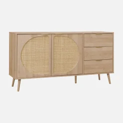 Aparador em madeira e cana, 2 portas e 3 gavetas, 150cm