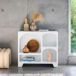 Aparador orgânico con efeito madeira branco, 4 compartimentos