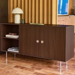 Aparador vintage com acabamento em madeira e aço inoxidável, 2 portas, 150 cm