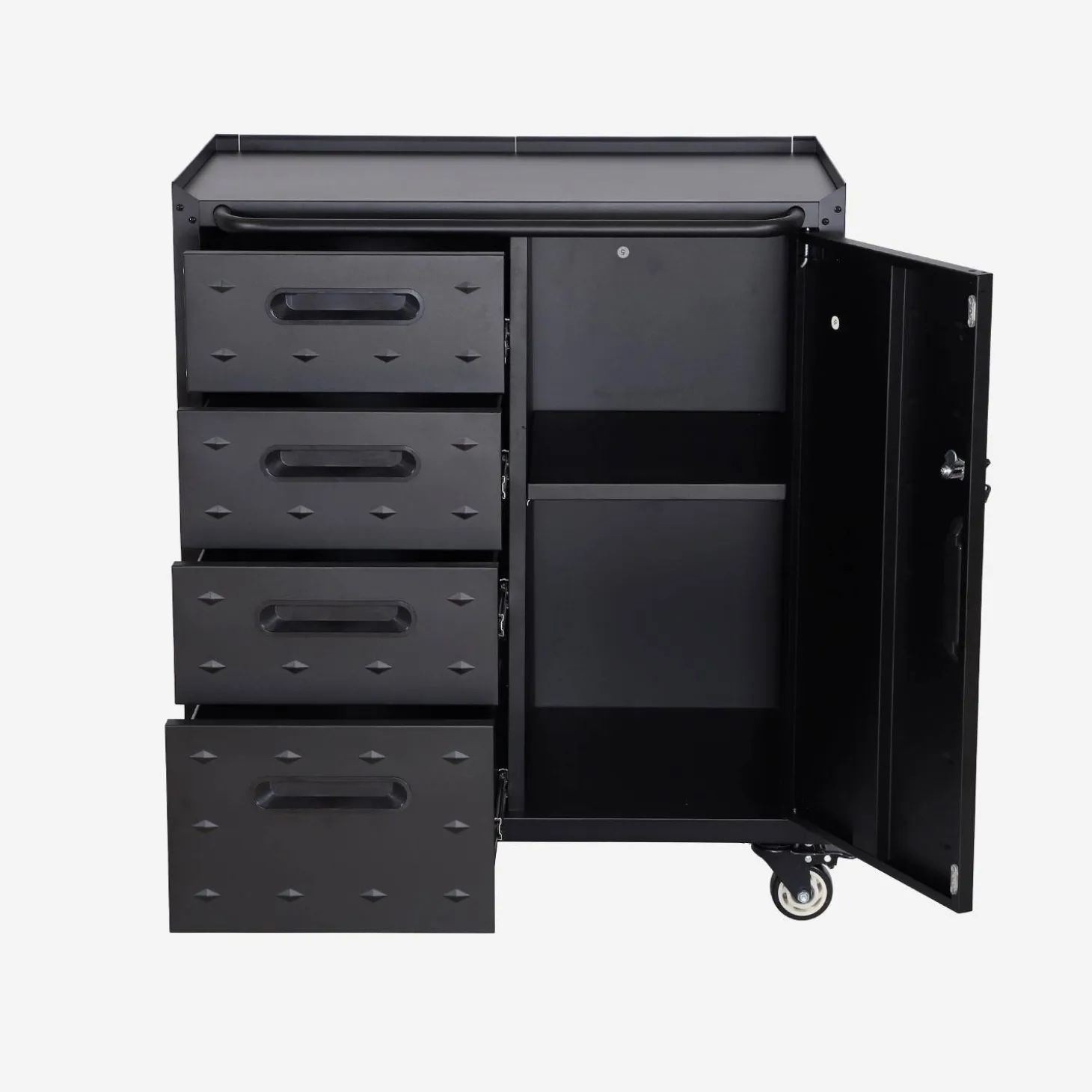 Armário baixo de armazenamento para garagem com 4 gavetas e uma porta
