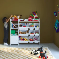 Arrumação para crianças com 9 caixas de arrumação, 4 prateleiras, 1 porta