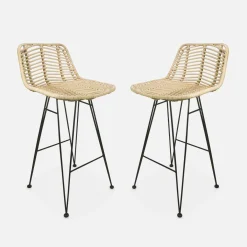 Banco alto de cozinha em metal e rattan, set de 2
