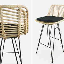 Banco alto de cozinha em metal e rattan, set de 2