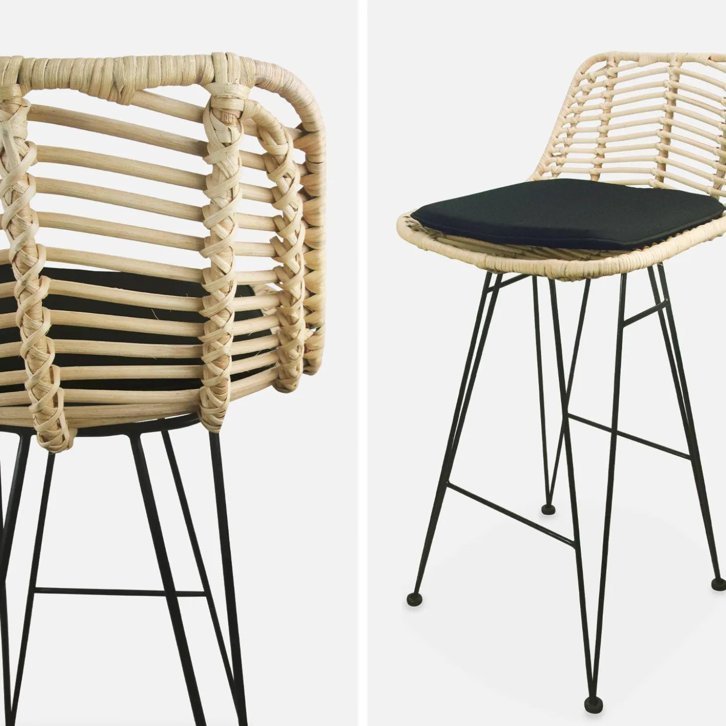 Banco alto de cozinha em metal e rattan, set de 2