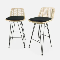 Banco alto de cozinha em metal e rattan, set de 2