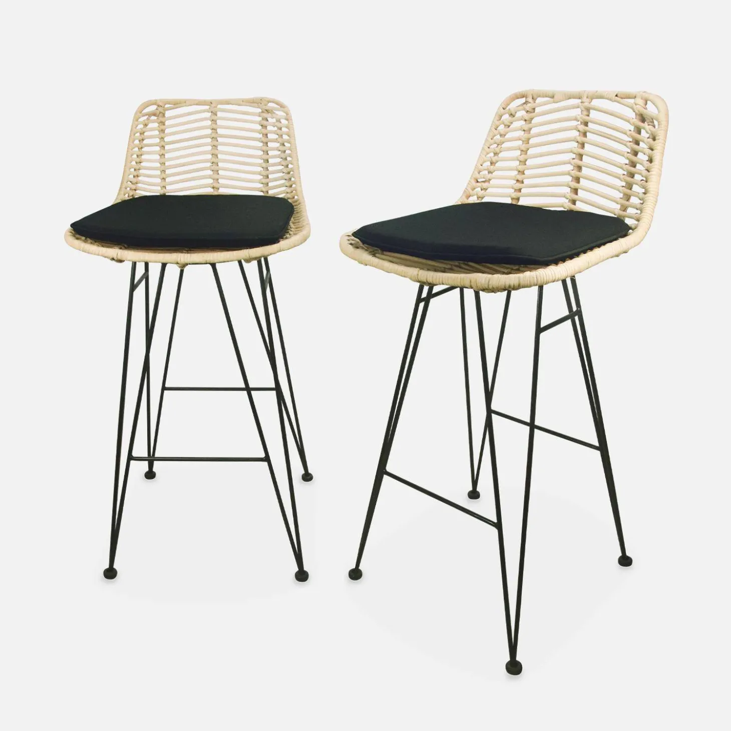 Banco alto de cozinha em metal e rattan, set de 2