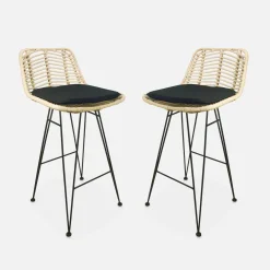 Banco alto de cozinha em metal e rattan, set de 2
