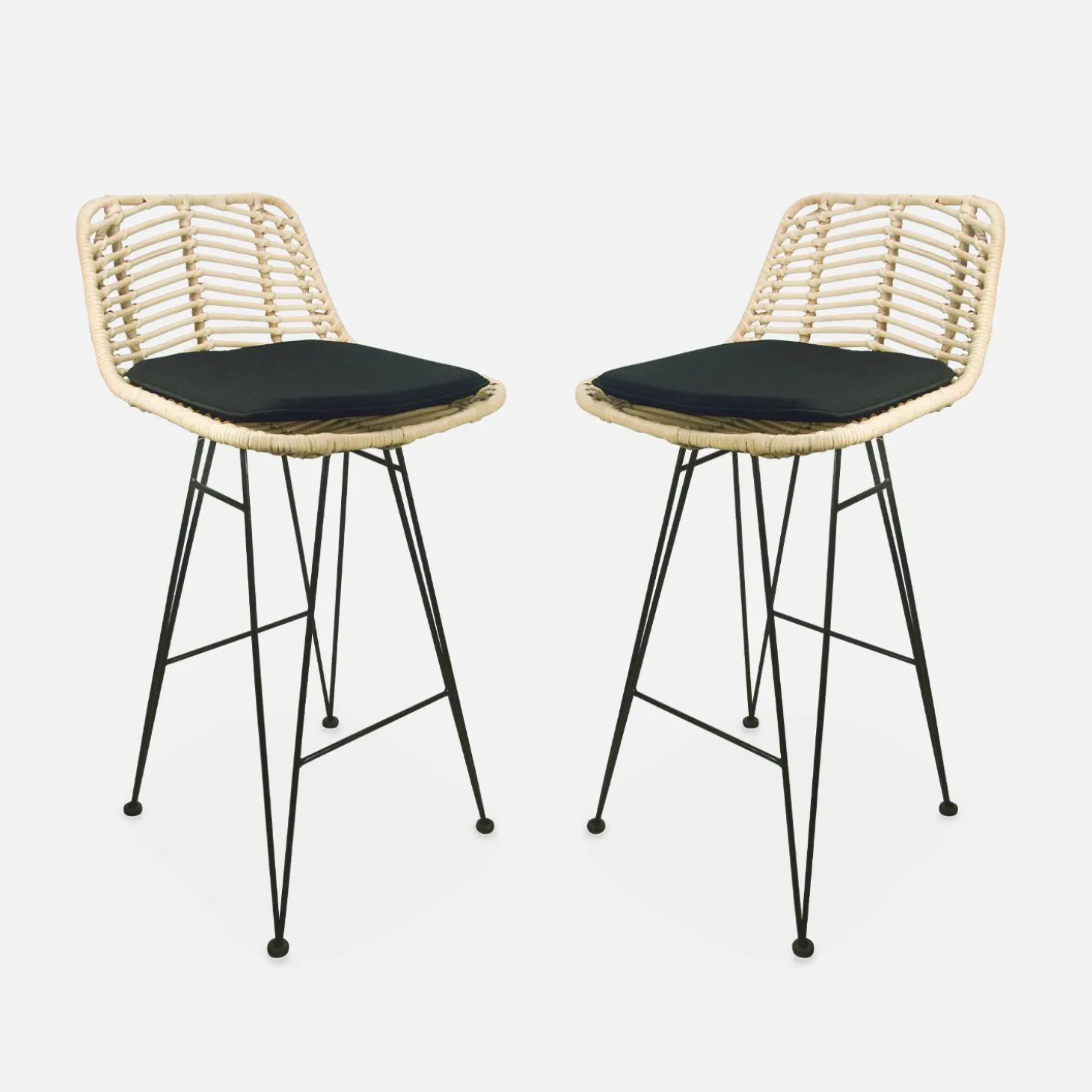 Banco alto de cozinha em metal e rattan, set de 2