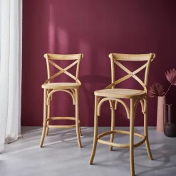 Banco alto de cozinha estilo bistrô em madeira, 65cm, set de 2