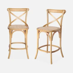 Banco alto de cozinha estilo bistrô em madeira, 65cm, set de 2