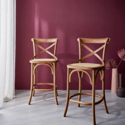 Banco alto de cozinha estilo bistrô em madeira, 65cm, set de 2