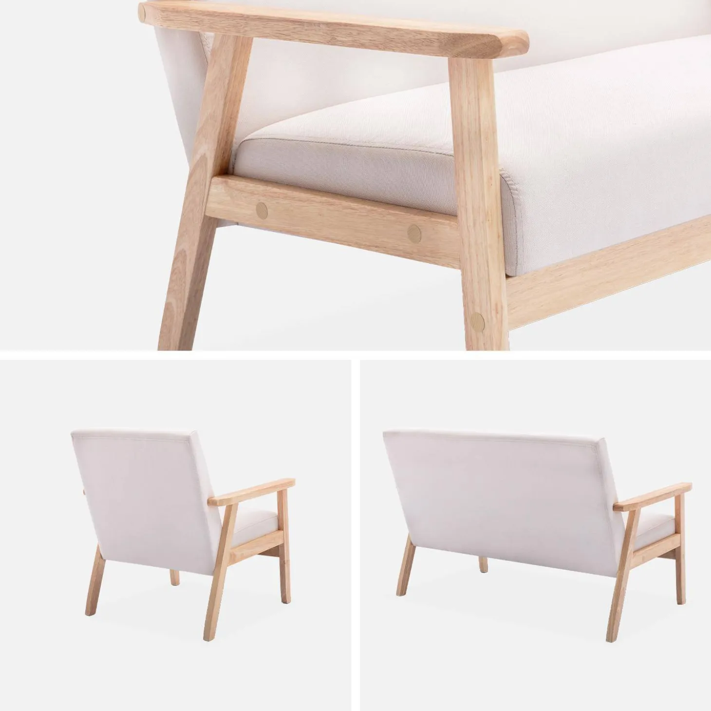 Banco e cadeirão em madeira e tecido de 3 lugares