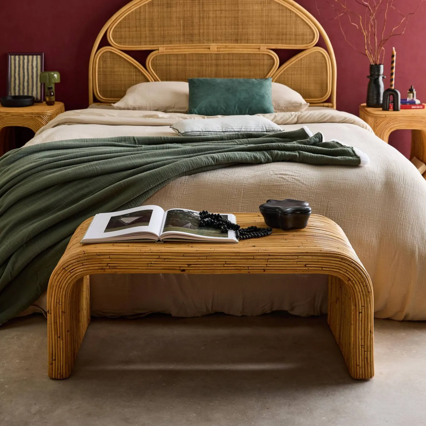 Banco e extremidade da cama em rotim natural, 100cm