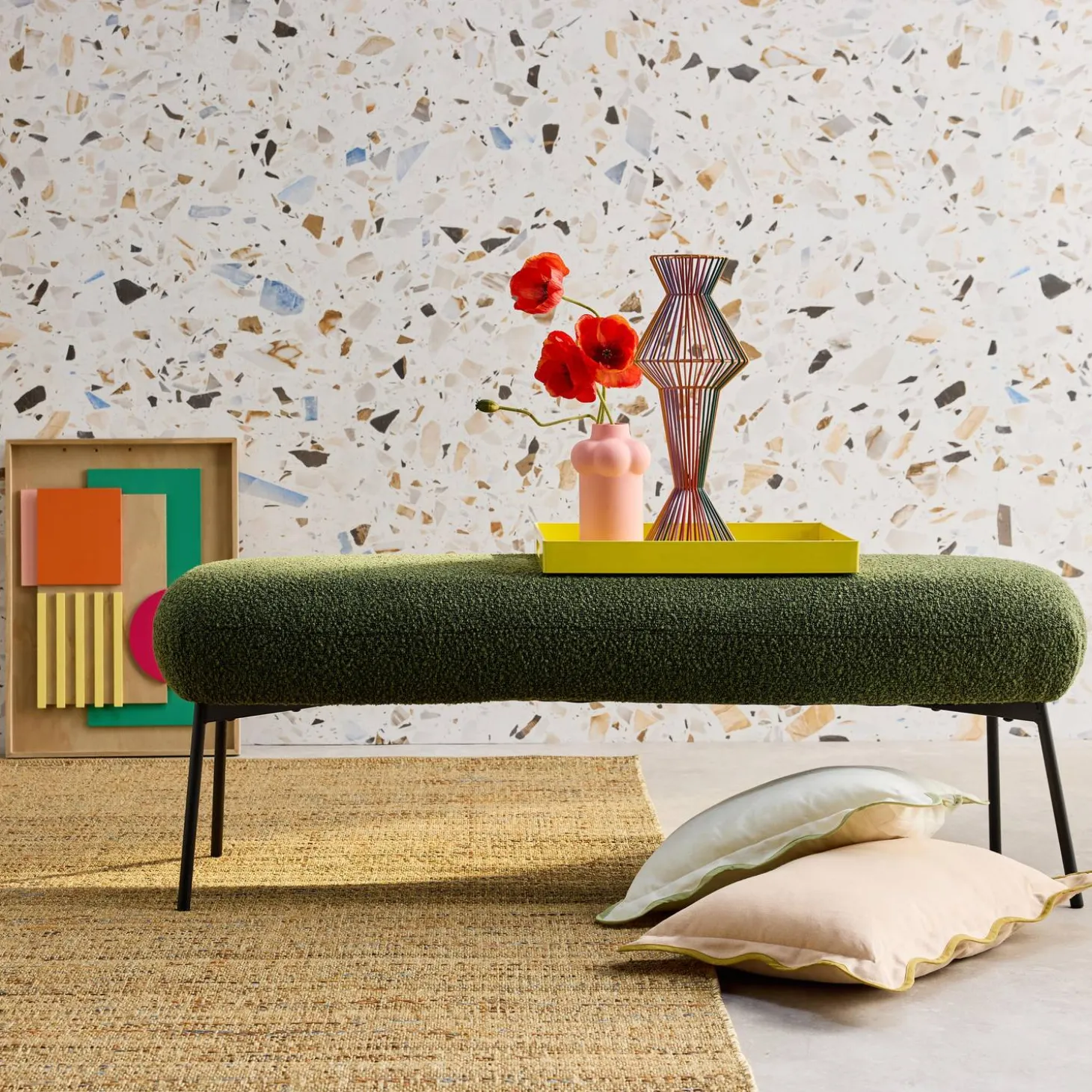 Banco, extremidade da cama com revestimento de boucle