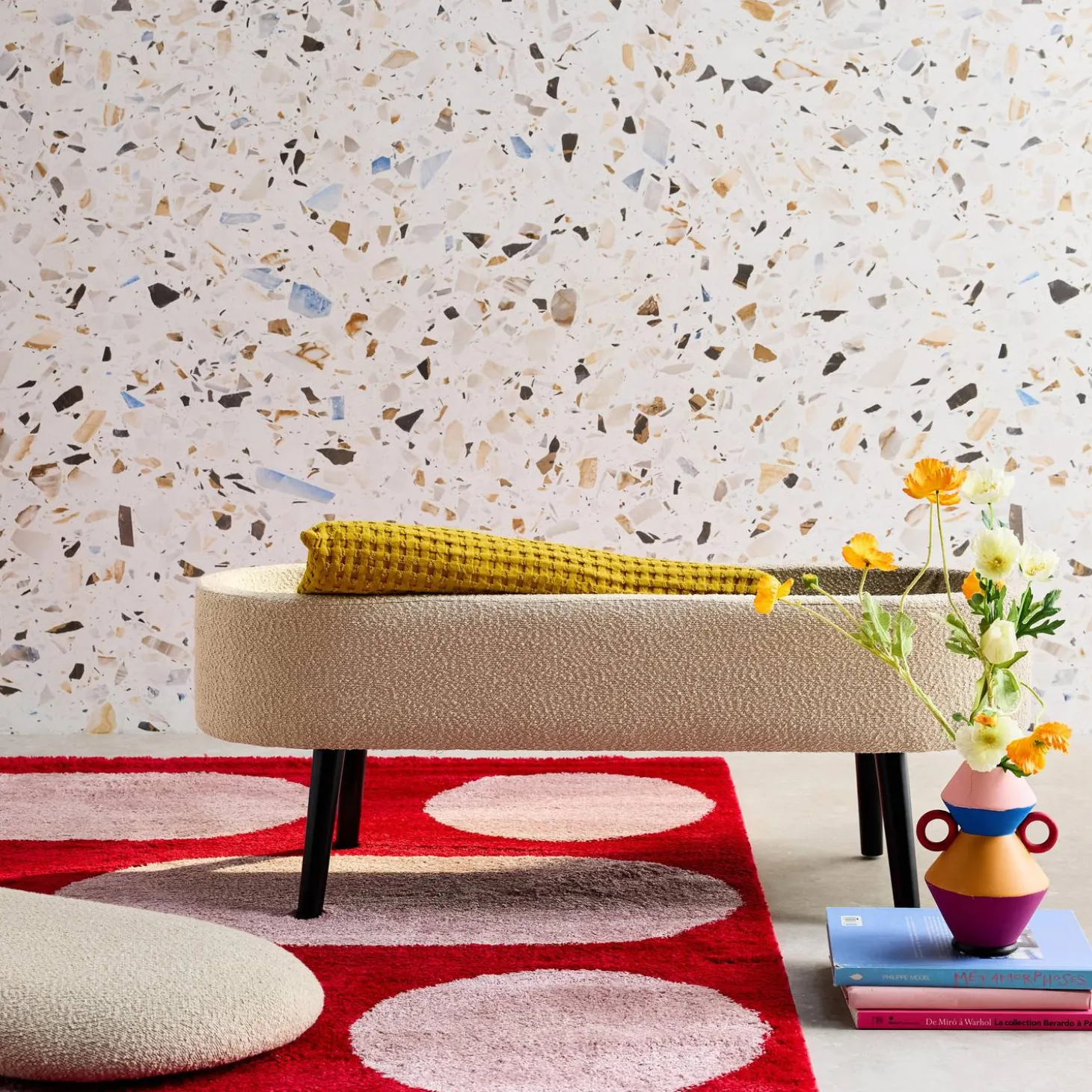 Banco, extremidade da cama com revestimento de boucle