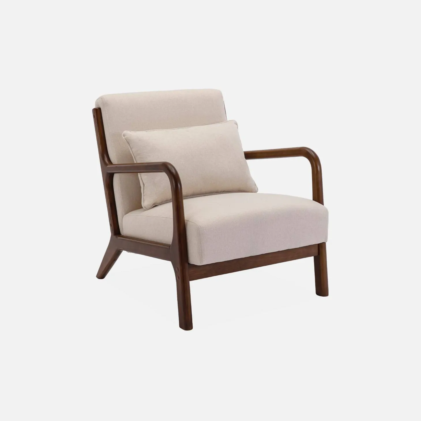 Banco 2 lugares + poltrona de madeira de hevea tingida de nogueira clara e tecido