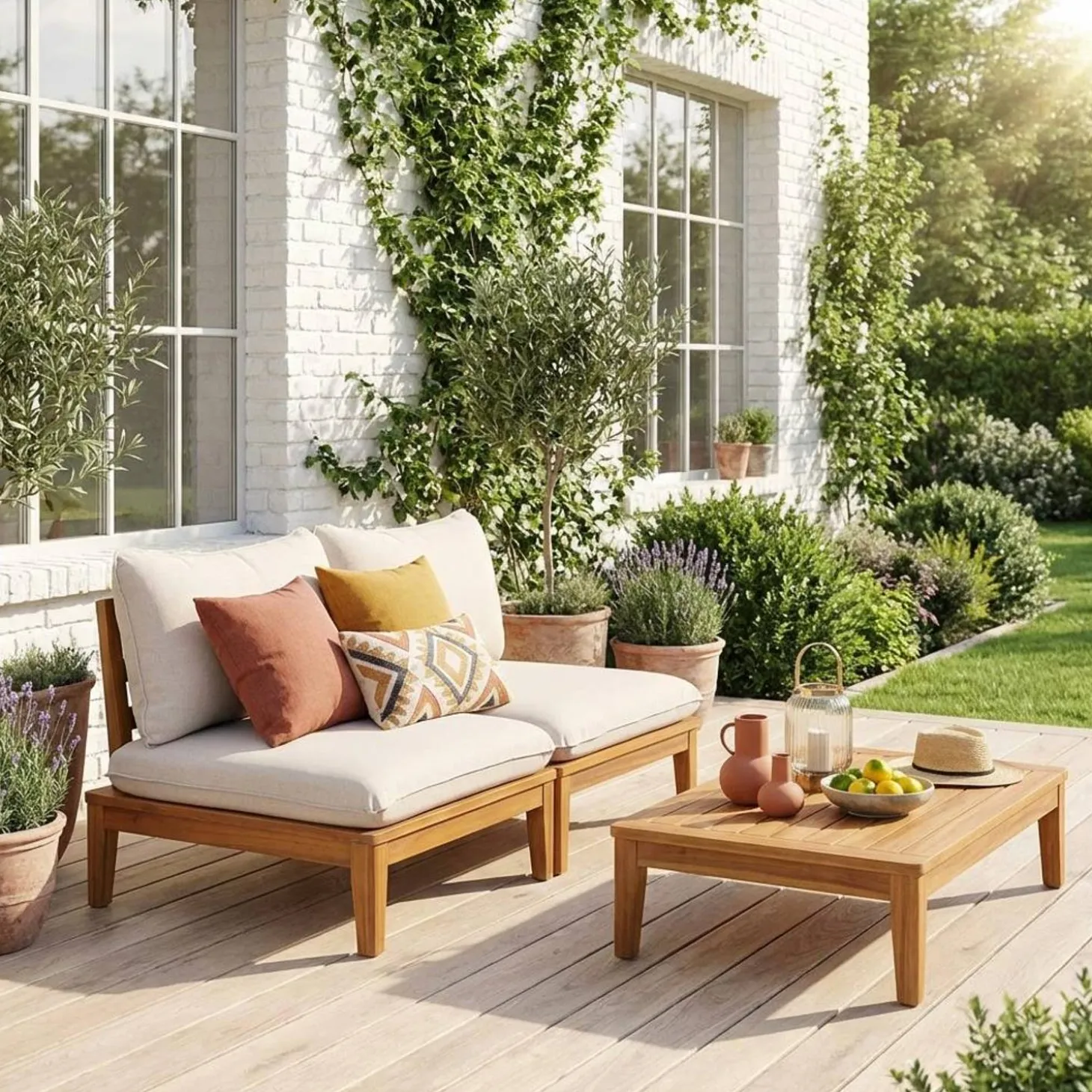 Banco modular de jardim em madeira de acácia, 2 lugares