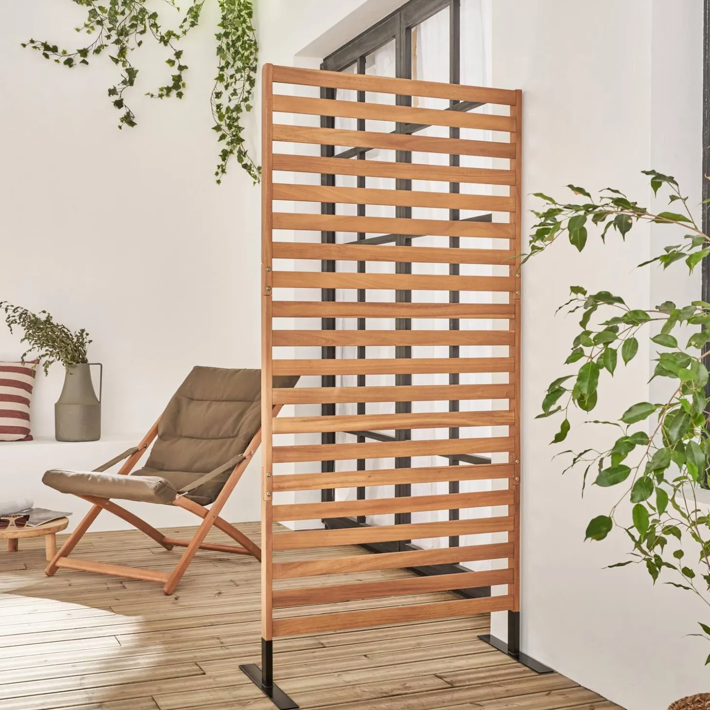 Biombo dobrável de madeira para exterior, 80 cm, interior/exterior