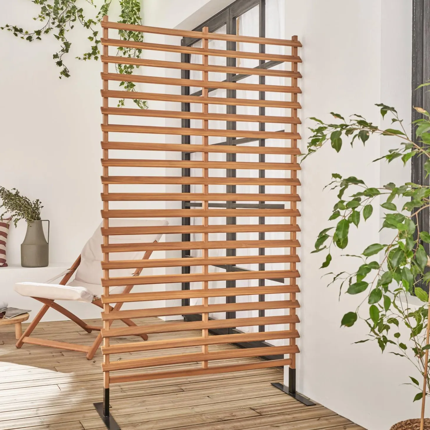 Biombo dobrável de madeira para exterior, 100cm, interior/exterior