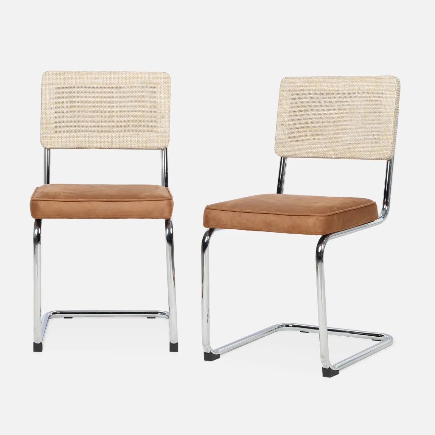 Cadeira cantilever em tecido e efeito rattan, set de 2