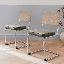 Cadeira cantilever em tecido e efeito rattan, set de 2