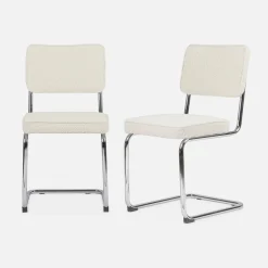 Cadeira cantilever em tecido bouclé com estrutura em aço, set de 2