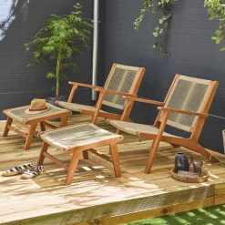 Cadeira de jardim em madeira e corda com apoio para os pés, set de 2