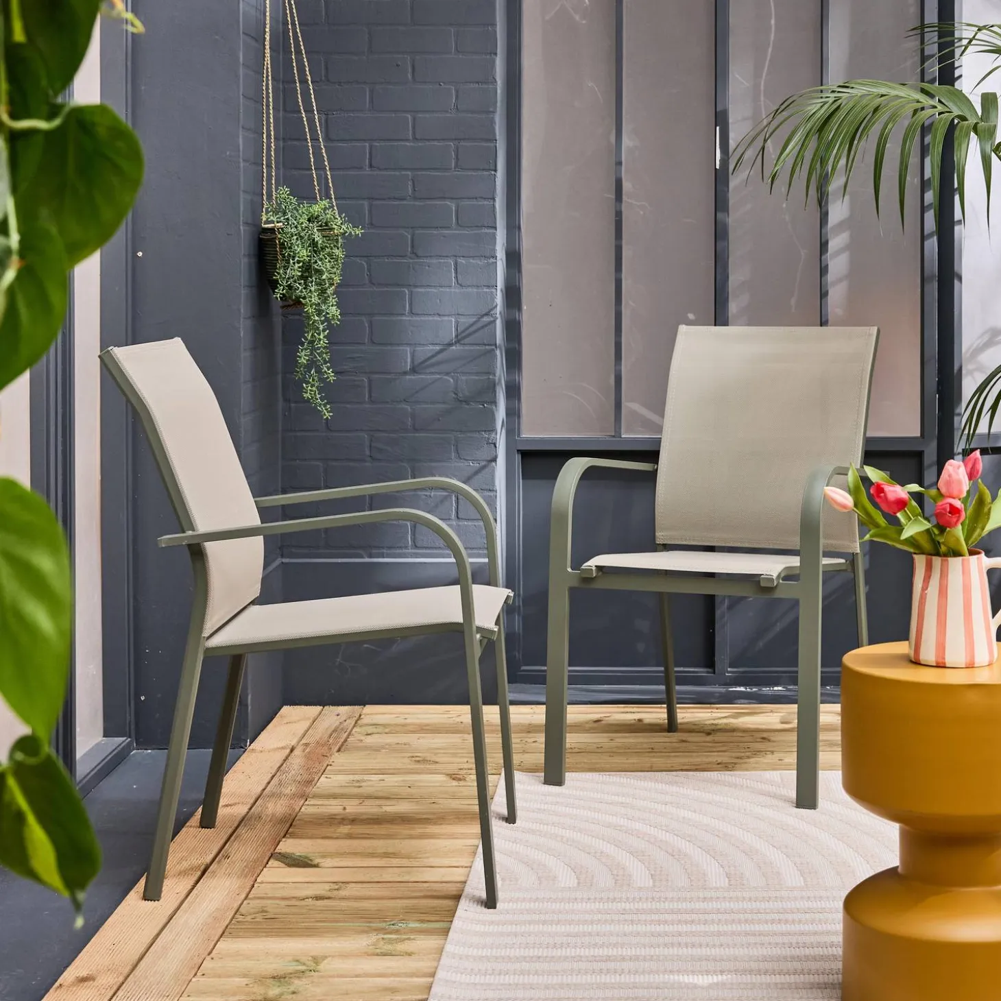 Cadeira de jardim empilhável em alumínio e textilene, set de 2