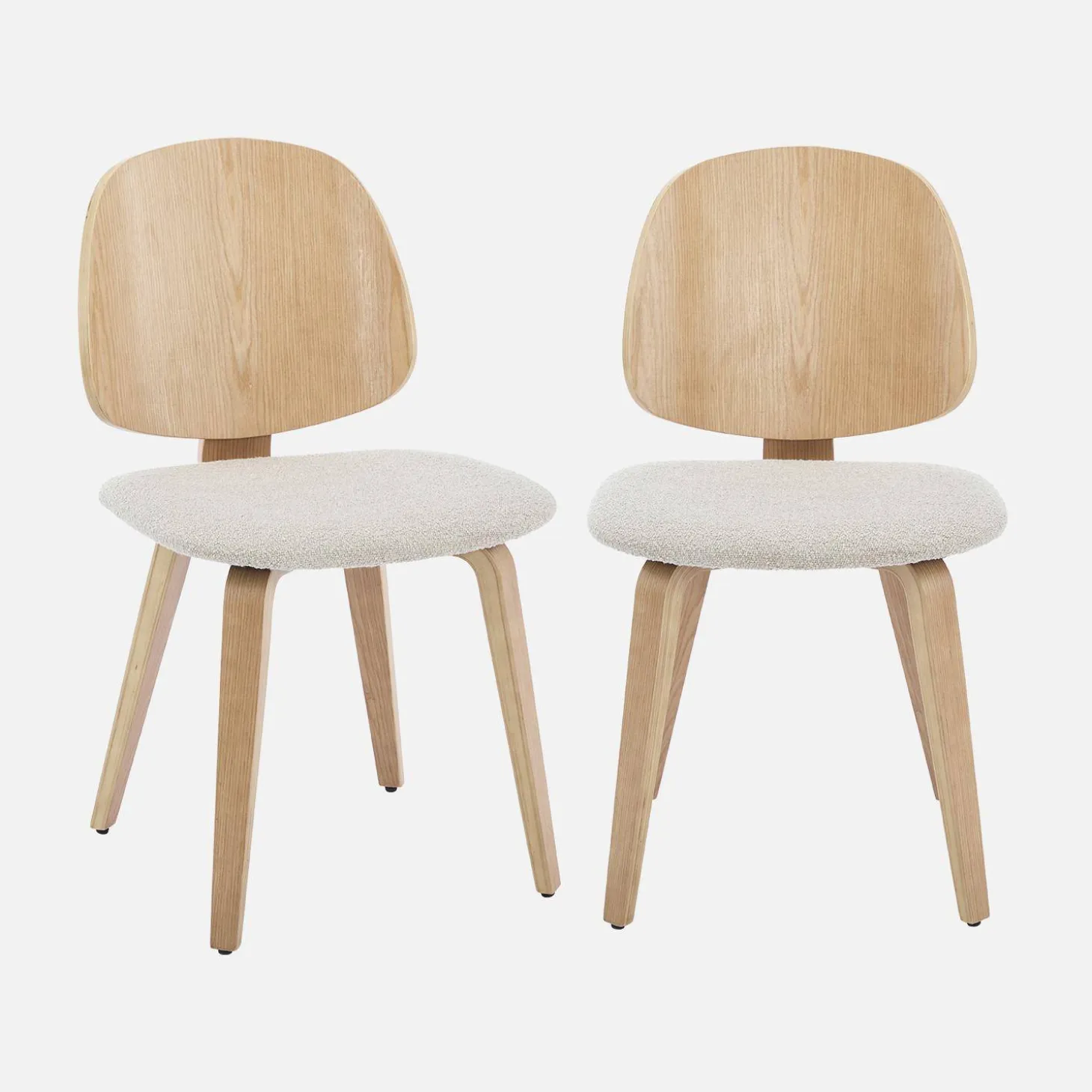 Cadeira em madeira com assento em tecido bouclé, set de 2