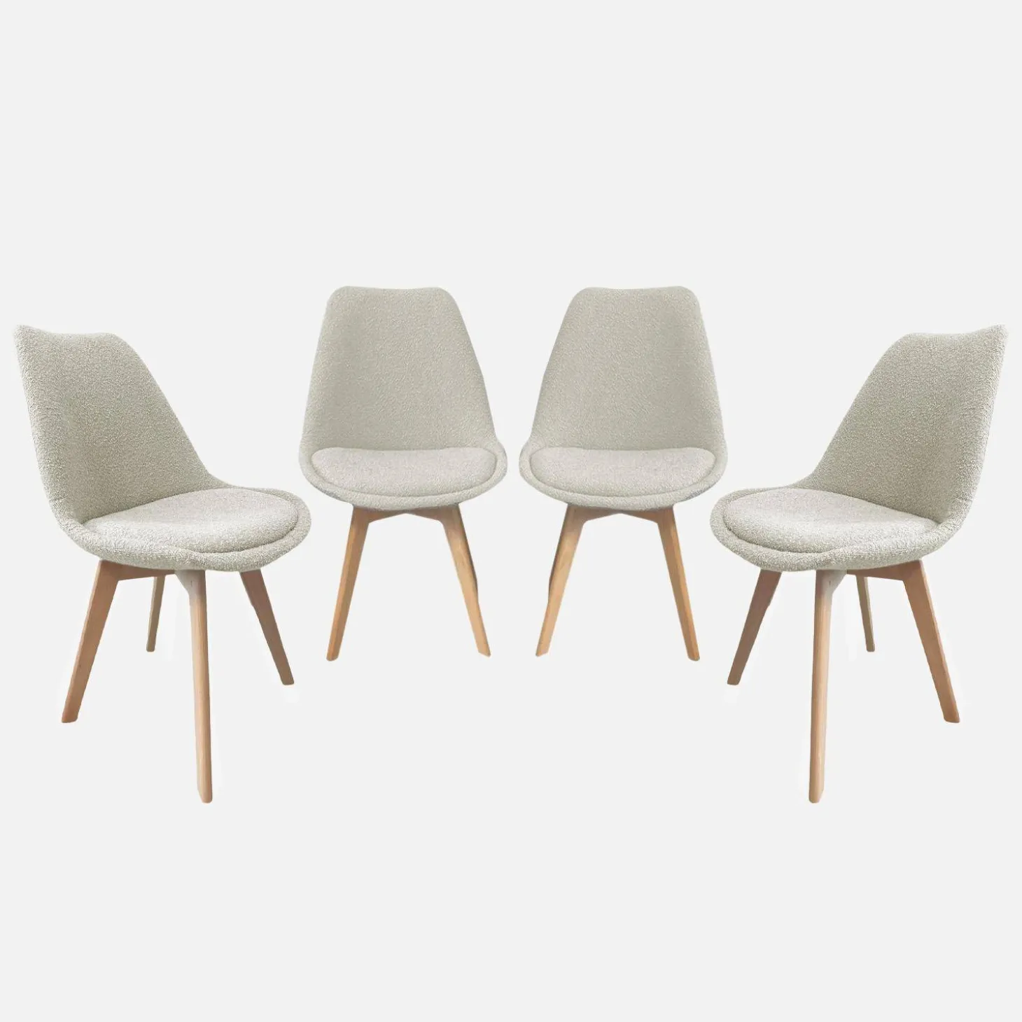 Cadeira escandinava de madeira e boucle texturizado, set de 4