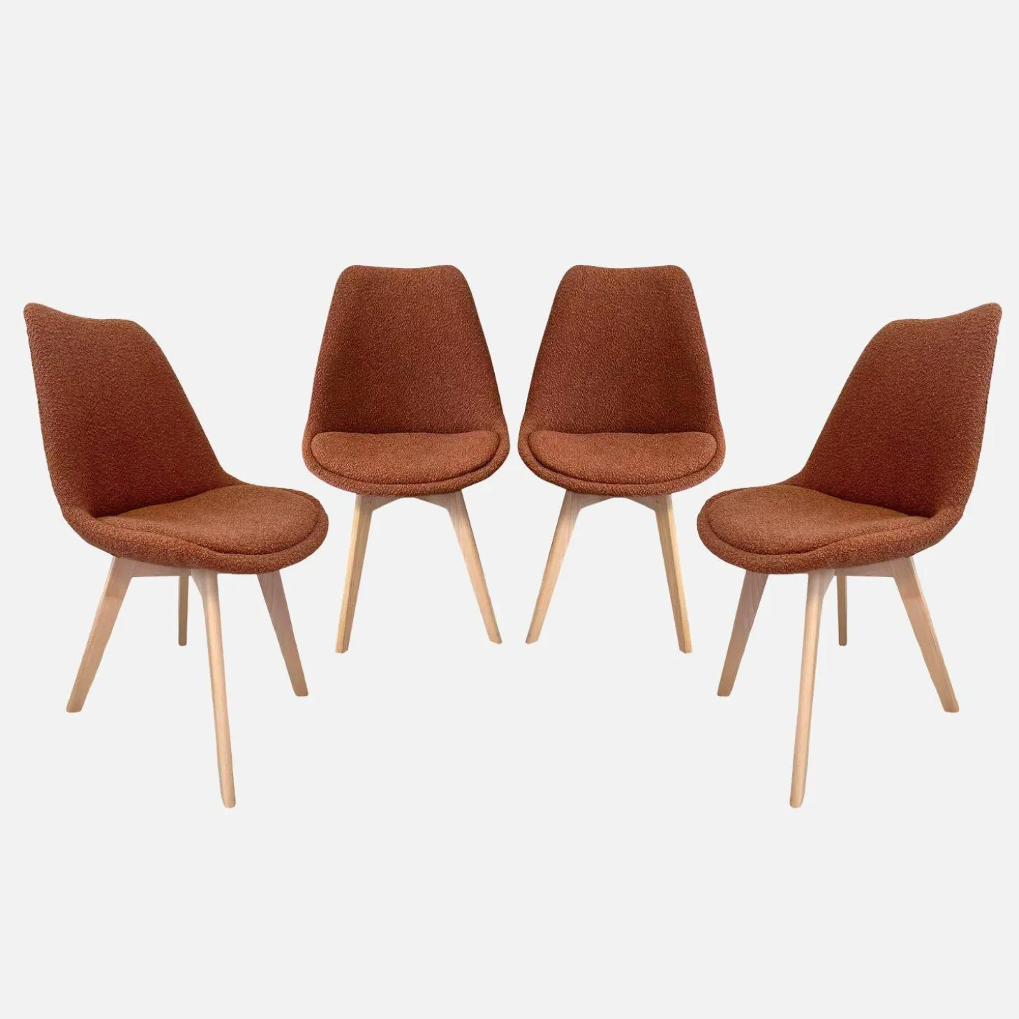 Cadeira escandinava de madeira e boucle texturizado, set de 4