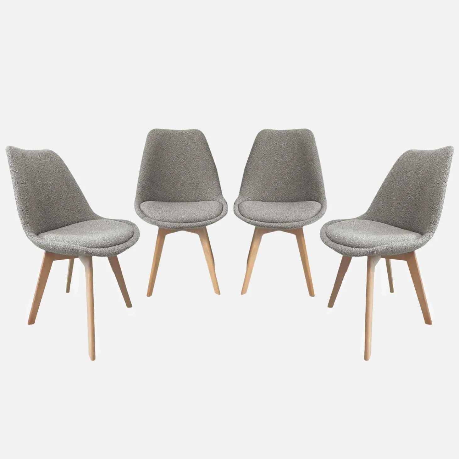 Cadeira escandinava de madeira e boucle texturizado, set de 4