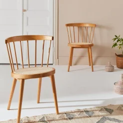 Cadeira estilo boémio em madeira de seringueira e cana, set de 2