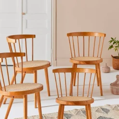 Cadeira estilo boémio em madeira de seringueira e cana, set de 4