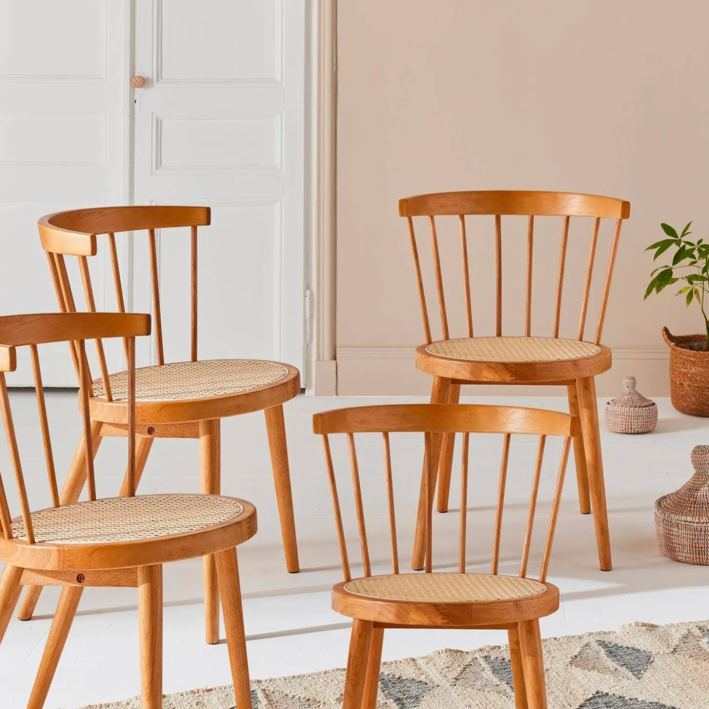 Cadeira estilo boémio em madeira de seringueira e cana, set de 4