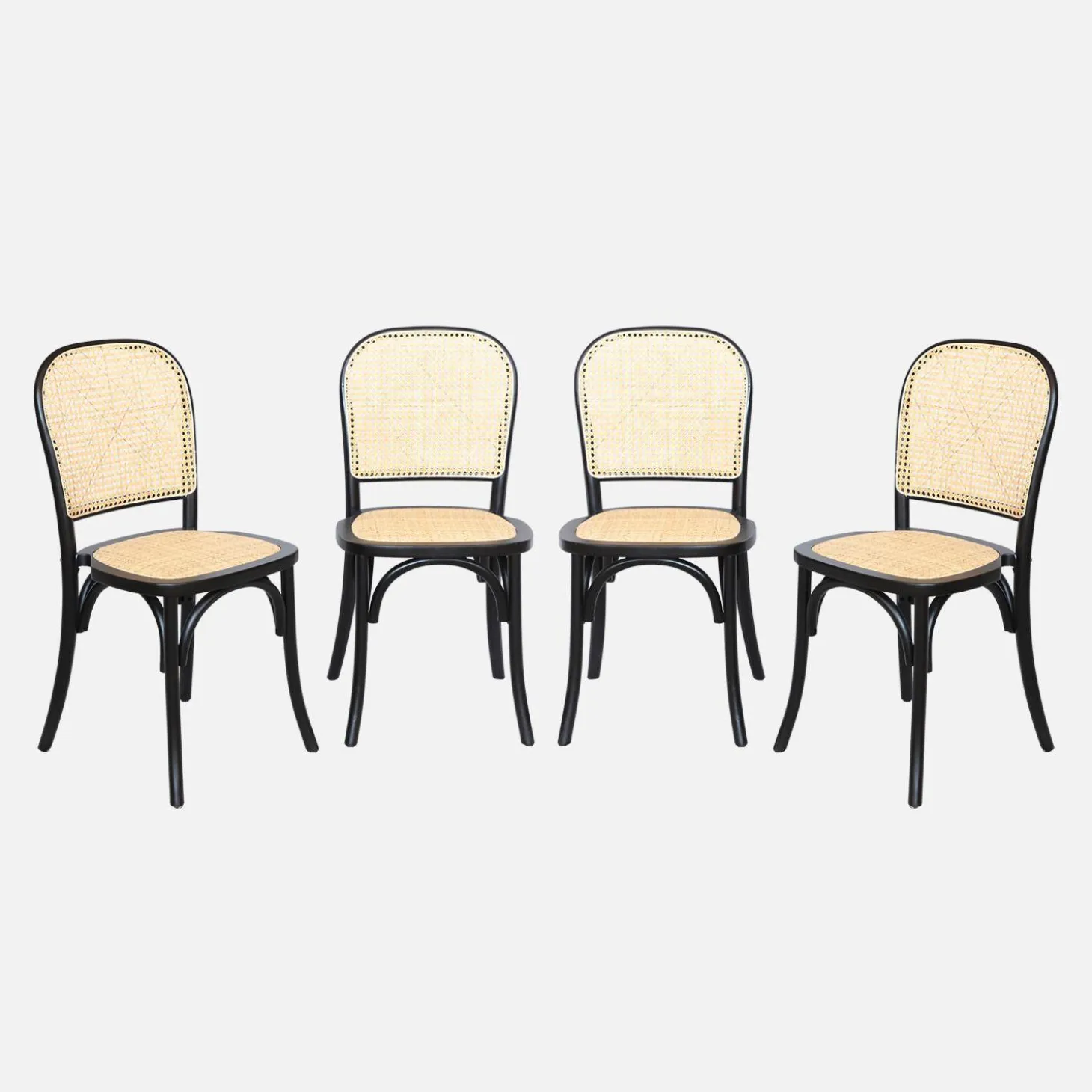 Cadeira vintage em madeira e revestida em rattan, set de 4