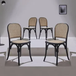 Cadeira vintage em madeira e revestida em rattan, set de 4