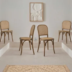 Cadeira vintage em madeira e revestida em rattan, set de 4