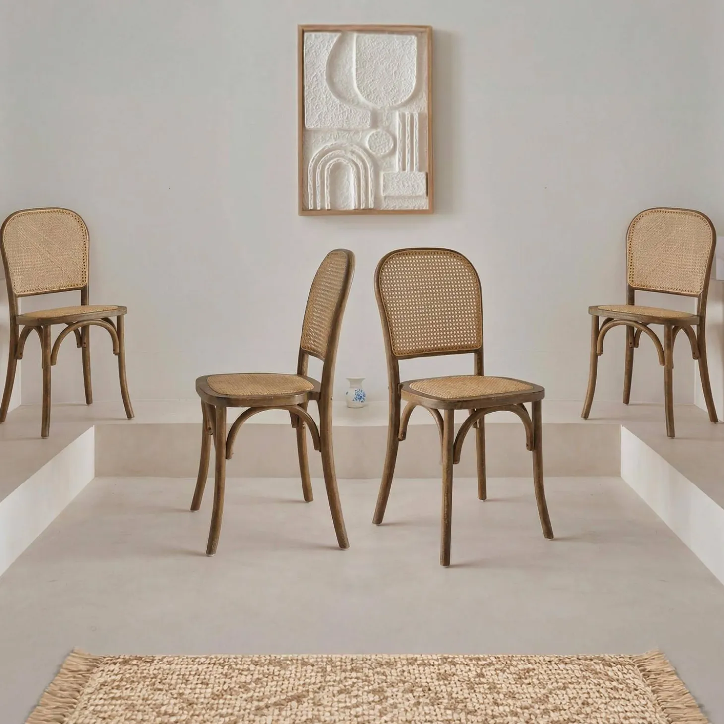 Cadeira vintage em madeira e revestida em rattan, set de 4
